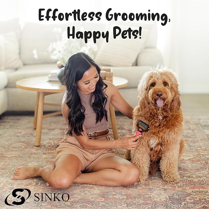 Sinko Undercoat Rake for Dogs & Cats, Dematting Comb with Extra Wide Double-Sided Stainless Teeth for Detangling, Deshedding, Brushing & Removing Shed Fur, Knots, Mats, and Tangles in Pets (Pink)