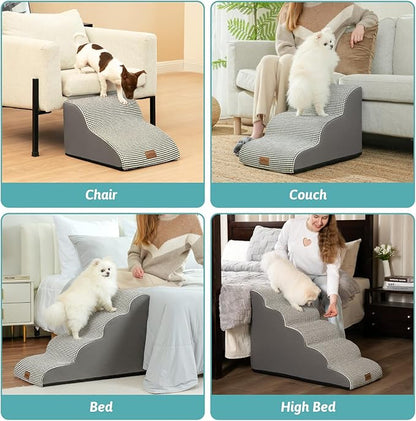 Dog Stairs for Small Dogs, Curved Pet Step with Leakproof Cover, High Density Foam Cat Ramp for Bed or Sofa, Lightweight, Durable, Comfort, 15.7x22.4x15.7 inch, 3 Tiers, White Black