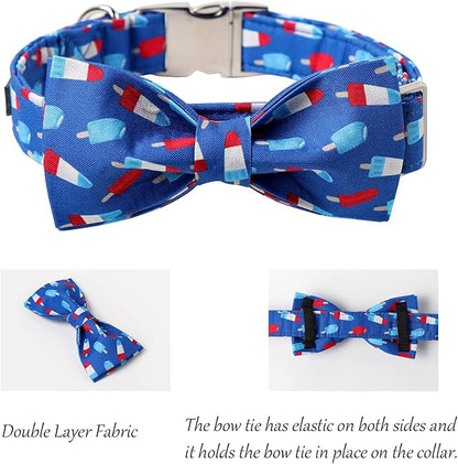 Lionet Paws Patriotic Dog Collar with Bowtie, 4th of July, Soft and Comfortable Adjustable Summer Popsicle Bowtie Collar for X-Large Dogs Male Female Gift, Neck 16-26 inches