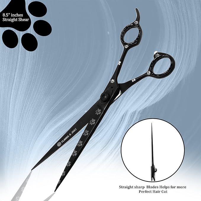 Professional Dog Grooming Scissors Set of Straight, Curved, Thinner/Blender and Chunker Shears with Paw Prints for Dogs, Cats & Pets (Right Handed, Black, Stainless Steel 8 Inch)