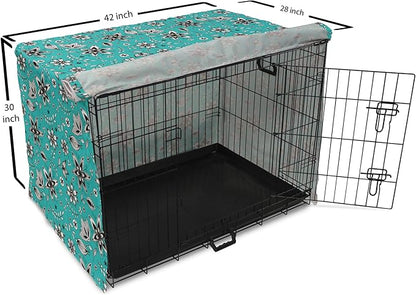 Lunarable Flower Dog Crate Cover, Abstract Monochrome Floral with Botanical Items, Easy to Use Pet Kennel Cover for Medium Large Dogs, 42 Inch, Seafoam Grey