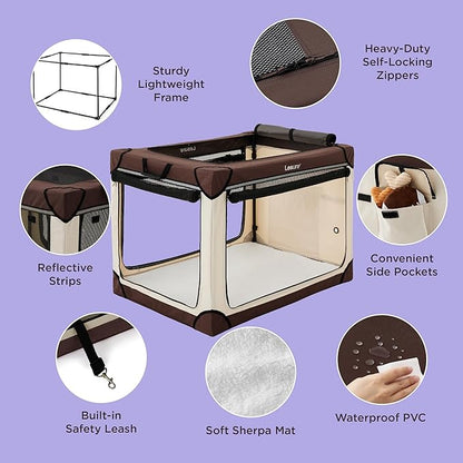 Lesure Soft Collapsible Dog Crate - 26 Inch Portable Travel Crate for Small Dogs Indoor & Outdoor, 4-Door Foldable Pet Kennel with Durable Mesh Windows, Brown