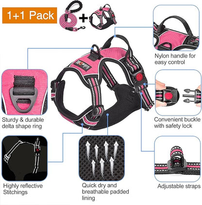 tobeDRI No Pull Dog Harness Adjustable Reflective Oxford Easy Control Medium Large Harness with A Free Heavy Duty 5ft Dog Leash (L (Neck: 18"-25.5", Chest: 24.5"-33"), Pink)