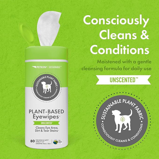 Petkin Plant-Based Eyewipes, 80 Wipes - Biobased & Sustainable Pet Eye Wipes for Dogs & Cats - Cleans Eye Area, Dirt & Tear Stains - Consciously Cleans & Conditions - Easy to Use - Unscented