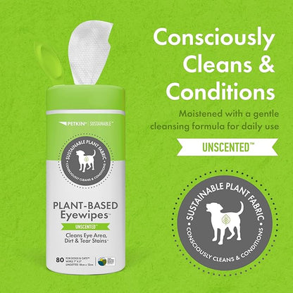 Petkin Plant-Based Eyewipes, 80 Wipes - Biobased & Sustainable Pet Eye Wipes for Dogs & Cats - Cleans Eye Area, Dirt & Tear Stains - Consciously Cleans & Conditions - Easy to Use - Unscented