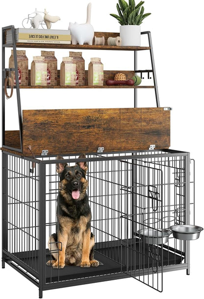 Furniture Style Dog Crate, Indoor Basic Dog Cage with 3-Layer Storage Shelves, Flip-up Top End Table Dog Cage, Dog Kennel Furniture with Adjustable Bowls, 37.4" L x 24.4" W x 57.1" H,Brown