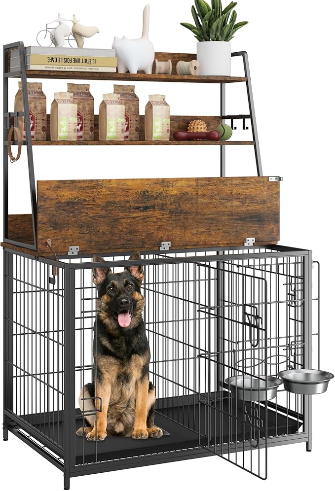 Furniture Style Dog Crate - Adjustable Feeder with Elevated Bowls, Dog Kennel Furniture with -up Top, Multifunctional Dog House End Table, Versatile Dog Cage with Storage, Brown