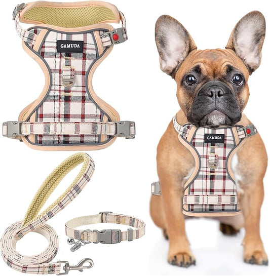 GAMUDA Dog Harness Collar and Leash Set, Dog Harness, No Chock No Pull Adjustable Vest Harnesses Plaid Reflective for Medium Dog, Cat, Small Horse, Small Bull and Pig (Beige, XS)