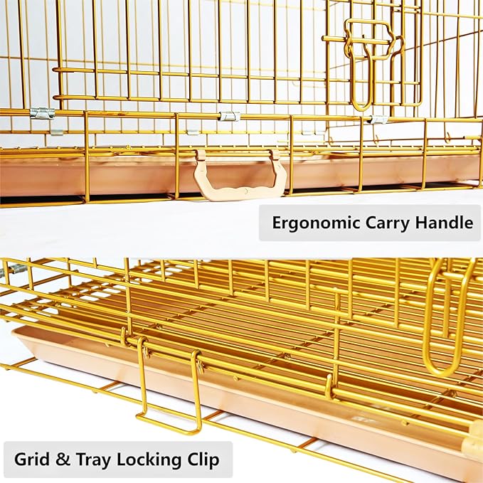 HOMEY PET Copper Gold Dog Crate 42 Inch, Portable Folding Metal Wire Dog Kennel Pet Dog Cage with Removable Floor Grid, Pull-Out Tray, Double Doors, Handle for Large Dogs, Indoor Outdoor