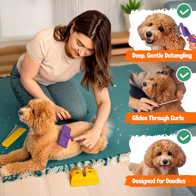 Slicker Brush for Dogs - Doodle Brush - Goldendoodles Labradoodles Bernedoodles - Goldendoodle Must Haves - Poodle Comb and Cases Included - Medium - Purple