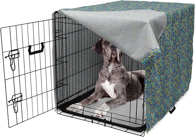 Lunarable Yellow and Blue Dog Crate Cover, Circles Squares and Triangles Mosaic Pattern with Dots Vibrant, Easy to Use Pet Kennel Cover for Medium Large Dogs, 48 Inch, Purple Sky Blue Yellow