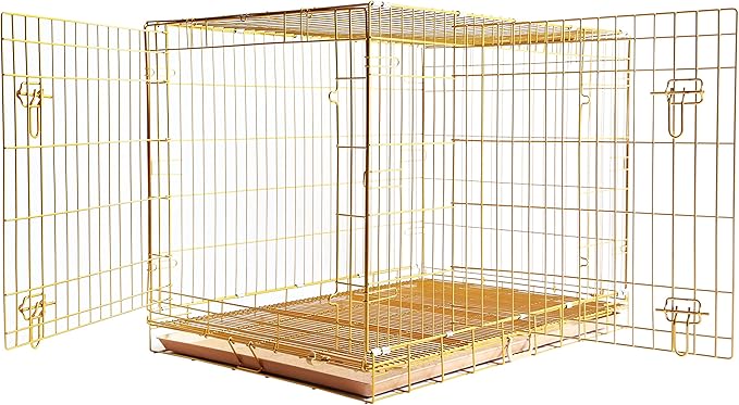 HOMEY PET Copper Gold Dog Crate 42 Inch, Portable Folding Metal Wire Dog Kennel Pet Dog Cage with Removable Floor Grid, Pull-Out Tray, Double Doors, Handle for Large Dogs, Indoor Outdoor