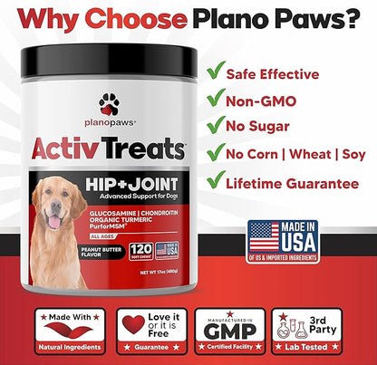 Glucosamine for Dogs Hip and Joint Supplement - Safe Joint Support for Dogs - Dog Joint Supplement with Glucosamine Chondroitin MSM Turmeric for Dogs - 120 Joint Care Chews for Dogs ActivTreats