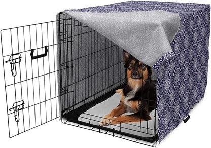 Lunarable Royal Blue Dog Crate Cover, Antique Moroccan Style Exotic Orient Inspired Ceramic Pattern Print Art, Easy to Use Pet Kennel Cover for Medium Large Dogs, 36 Inch, Indigo and White