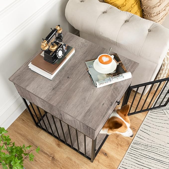 HOOBRO Dog Crate Furniture, Wooden Dog House, Decorative Dog Kennel with Drawer, Indoor Pet Crate End Table for Small Dog, Steel-Tube Puppy Cage, Chew-Proof, Greige BG01GW03