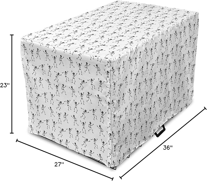 Lunarable Skull Dog Crate Cover, Cartoon Pattern of Monochrome Skeletons Halloween Themed Illustration Horror, Easy to Use Pet Kennel Cover for Medium Large Dogs, 36 Inch, White Black