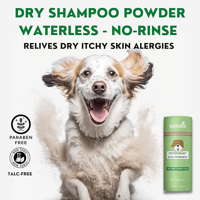 Dog Dry Shampoo for Smelly Dogs | Waterless Dry Dog Shampoo Powder | Anti Itch Shampoo for Dogs | Skin Ear & Paw | Tea Tree Oil | Talc Free with Organic White Clay Vegan | No Plastic