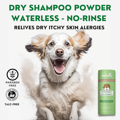 Dog Dry Shampoo for Smelly Dogs | Waterless Dry Dog Shampoo Powder | Anti Itch Shampoo for Dogs | Skin Ear & Paw | Tea Tree Oil | Talc Free with Organic White Clay Vegan | No Plastic