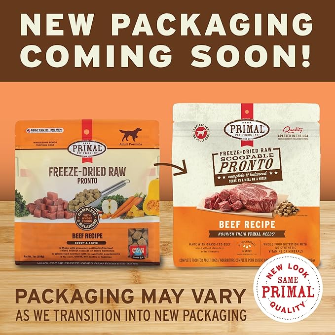 Primal Freeze Dried Dog Food Pronto, Beef; Scoop & Serve, Complete & Balanced Meal; Also Use as Topper or Treat; Premium, Healthy, Grain Free High Protein Raw Dog Food (25 oz)
