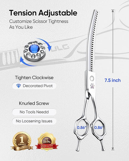 ULG 7.5” Curved Chunker Scissors for Dog Grooming 55%-60% Thinning Rate 30 Teeth Professional Downward Chunker Shears 440C Japanese Stainless Steel Tension Adjustable Left & Right Handed