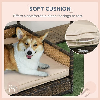 PawHut Wicker Dog House Outdoor with Canopy, Rattan Dog Bed with Water-Resistant Cushion, Raised Dog Bed for Small, Medium Dogs up to 66 lbs, 19.75" in Length, Brown Wicker, Khaki Cushion
