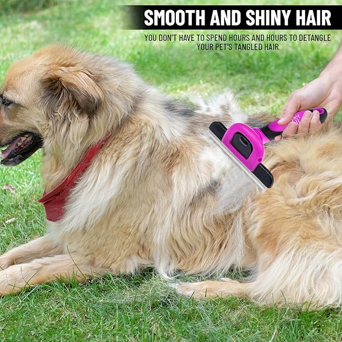 Deshedding and Grooming Tool - Stainless Steel Knot Detangler Comb for Dogs & Cats, Reduces Shedding by 95% (Pink)