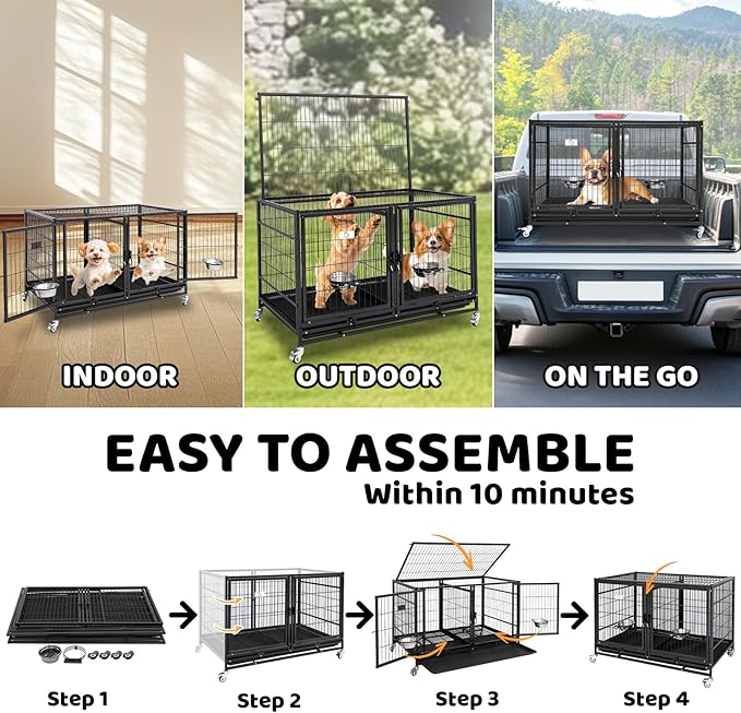 Homey Pet 43 Inch Metal Open Top Stackable Heavy Duty Dog Cage Kennel with Three Door, Metal Floor Grid, Tray, Wheels, Divider and Feeding Bowl, Drop Dog Cages Indoor