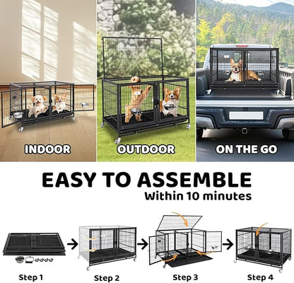 Homey Pet 43 Inch Metal Open Top Stackable Heavy Duty Dog Cage Kennel with Three Door, Metal Floor Grid, Tray, Wheels, Divider and Feeding Bowl, Drop Dog Cages Indoor