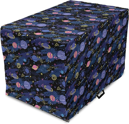 Ambesonne Galaxy Dog Crate Cover, Outer Space Planets Cosmic Journey Milky Way Zodiac Moon Doodle, Easy to Use Pet Kennel Cover for Cats & Medium Dogs, 30 Inch, Blue Pink