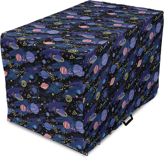 Ambesonne Galaxy Dog Crate Cover, Outer Space Planets Cosmic Journey Milky Way Zodiac Moon Doodle, Easy to Use Pet Kennel Cover for Cats & Medium Dogs, 24 Inch, Blue Pink