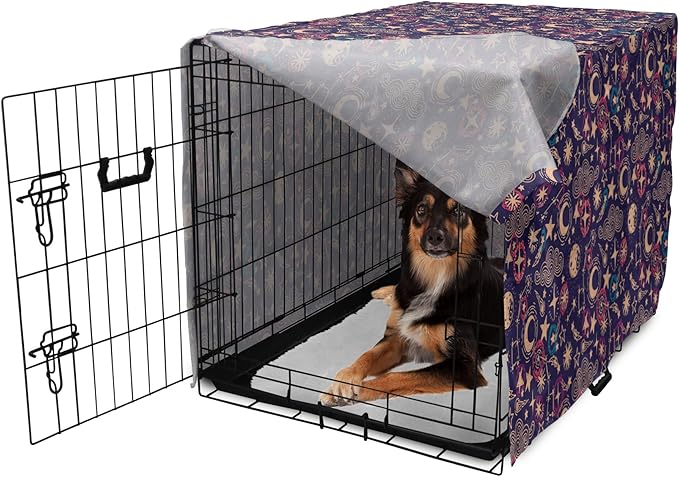 Lunarable Hipster Dog Crate Cover, Hand Drawn Starry Scene of Constellation Crescent Space-Themed Layout, Easy to Use Pet Kennel Cover for Medium Large Dogs, 36 Inch, Navy Blue and Multicolor
