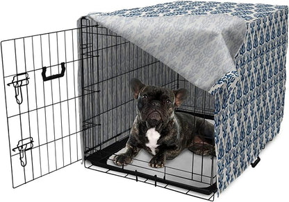 Lunarable Contemporary Blue Dog Crate Cover, Abstract Coral Inspired Motifs with Dots Around, Easy to Use Pet Kennel Cover for Cats & Medium Dogs, 24 Inch, Pale Eggshell Night Blue