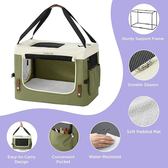 Lesure Collapsible Travel Dog Crate for Small Dogs, Portable Soft Dog Crate for Outdoor & Indoor, Folding Fabric Dog Kennel with Handle, 24 Inch Heavy Duty Pet Carrier (Green)