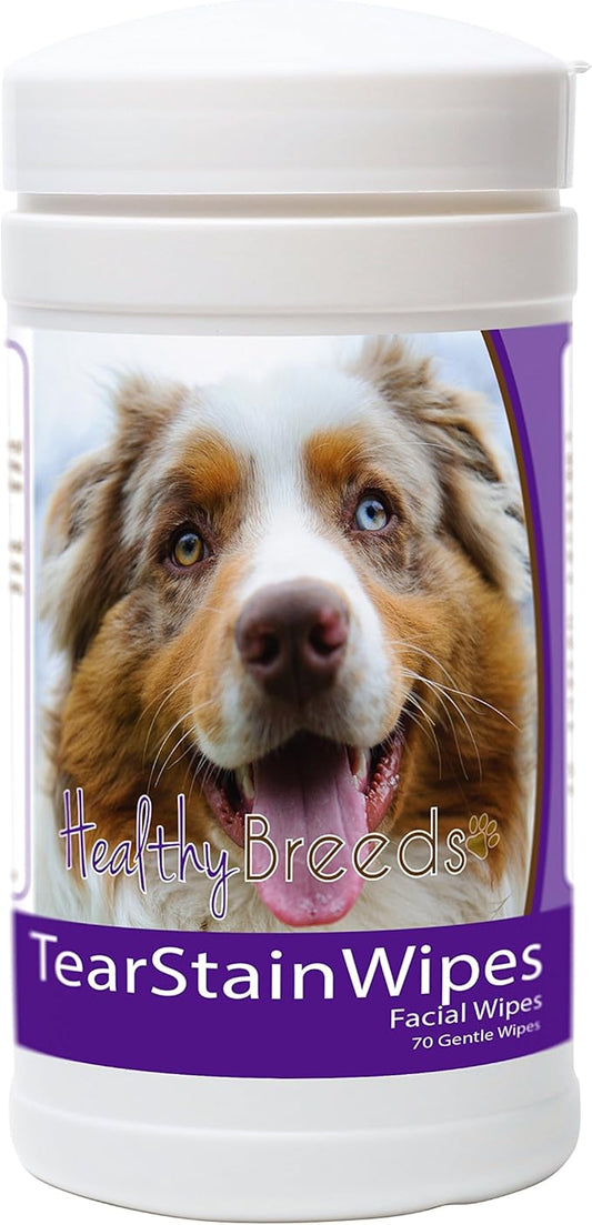 Healthy Breeds Dog Tear Stain Remover Wipes for Australian Shepherd - Over 100 Breeds - Facial Eye Cleaner - 70 Wipes - Cleans Crust Stains Mucus Saliva - Mild Gentle Fragrance Free