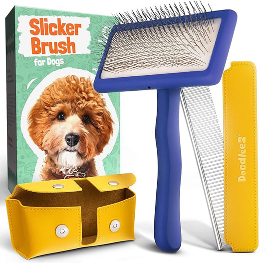 Slicker Brush for Dogs - Doodle Brush - Goldendoodles Labradoodles Bernedoodles - Goldendoodle Must Haves - Poodle Comb and Cases Included - Medium - Blue