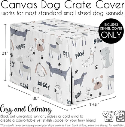 Sweet Jojo Designs Cartoon Puppy Print Dog Crate Cover – Kennel Covers for 30 Inch Pet Cage Small/Medium - Neutral Grey Taupe Blue White Modern Bulldog Wiener Doggy Paw Print Gray
