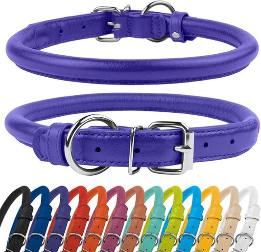 CollarDirect Rolled Leather Dog Collar, Soft Padded Round Puppy Collar, Handmade Genuine Leather Collar Dog Small Large Cat Collars 13 Colors (15-19 Inch, Purple Textured)