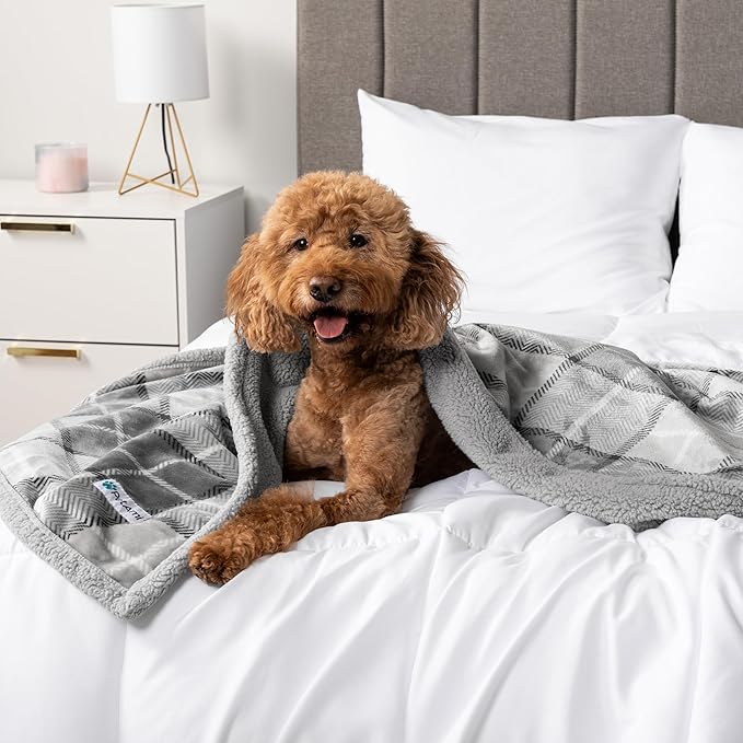 PetAmi WATERPROOF Dog Blanket for Bed, XL Dog Pet Blanket Couch Cover Protection, Sherpa Fleece Leakproof Bed Blanket for Crate Kennel Sofa Furniture Protector, Reversible Soft 80x60 Plaid Light Gray