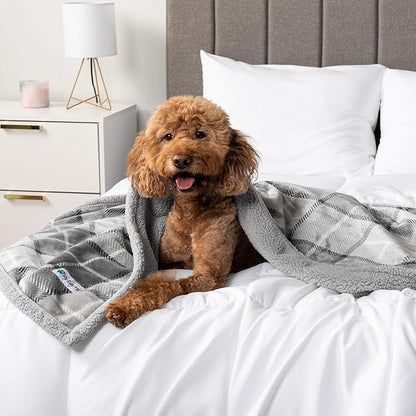 PetAmi WATERPROOF Dog Blanket for Bed, XL Dog Pet Blanket Couch Cover Protection, Sherpa Fleece Leakproof Bed Blanket for Crate Kennel Sofa Furniture Protector, Reversible Soft 80x60 Plaid Light Gray