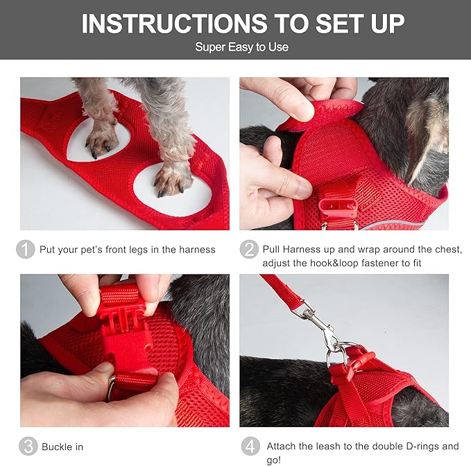 Fida Comfy Dog Harness with Leash, Cat Vest Harness Escape Proof, Breathable Lightweight Soft Mesh, Adjustable Reflective Step-in Harness for Puppy Toy Breeds & Extra-Small Pet (XXS, Red)