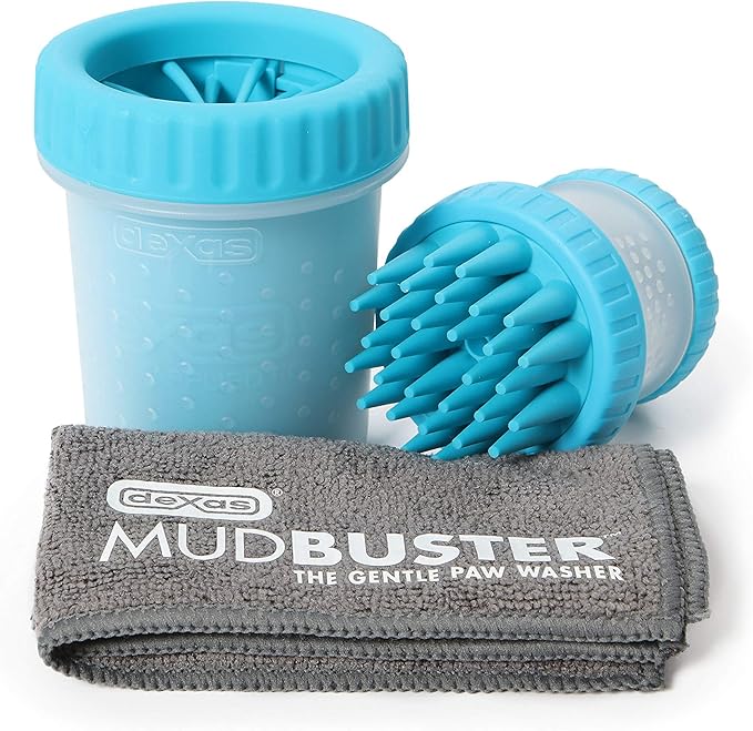 Dexas MudBuster Portable Pet Cleaning Kit with Dog Paw Washer, Pet Bathing Brush, Microfiber Towel, Small, Blue