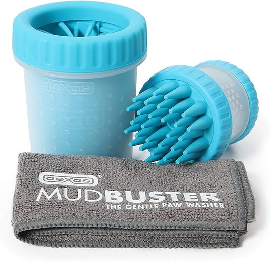 Dexas MudBuster Portable Pet Cleaning Kit with Dog Paw Washer, Pet Bathing Brush, Microfiber Towel, Small, Blue