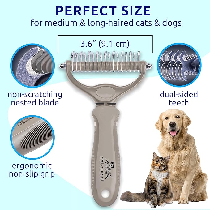 Pat Your Pet Deshedding Brush - Double-Sided Undercoat Rake for Dogs & Cats - Shedding Comb and Dematting Tool for Grooming, Extra Wide (Grey)