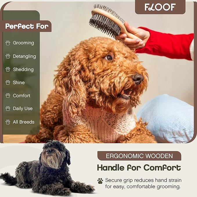 Floof Double-Sided Pet Brush,Metallic Pins & Vegan Boar Bristles for Long & Short Haired Dogs and Cats | Premium Wooden Handle for Comfort | Eco-Friendly Deshedding,Gentle Detangling,& Easy to Clean