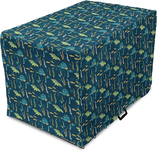 Lunarable Jurassic Dog Crate Cover, Evolution Marine Dinosaurs and Nautical Foliage Animal, Easy to Use Pet Kennel Cover for Medium Large Dogs, 42 Inch, Petrol Blue Pale Green