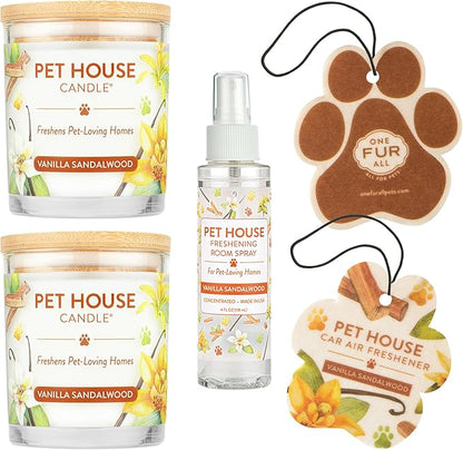 One Fur All Value Pack, Scented Pet Friendly Candles, Room Spray and Car Air Fresheners, Long Lasting Pet Odor Solutions for Home, Vanilla Sandalwood