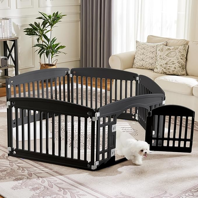 Sweetcrispy Plastic Dog Playpen - 6-Panel 24" Expandable & Durable Pet Fence for Medium Dogs - Indoor & Outdoor Portable Puppy Playpen with Secure Locking Door, Black