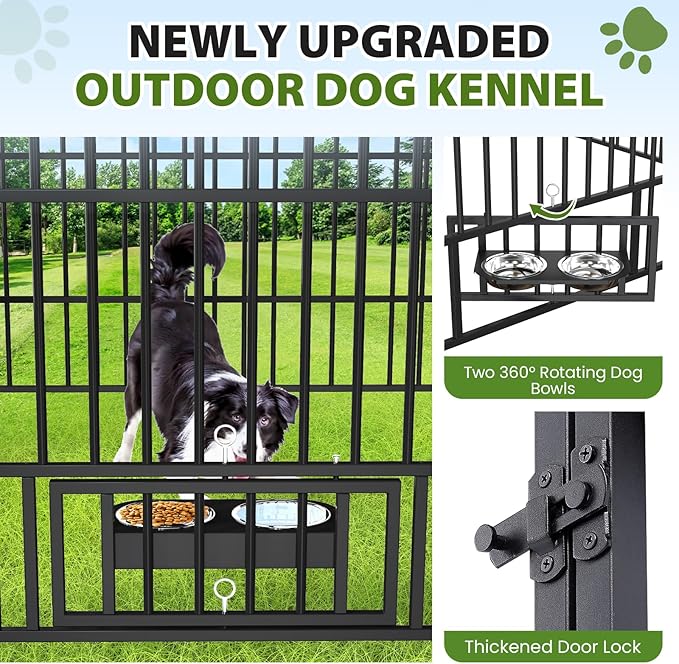 Rovibek Outside Dog Kenne with Roof, Outdoor Dog Kennel with 3 Sides Sun-Proof Cover,Large Dog Kennel Outdoor, Dog Run Enclosure with 2 Rotating Bowls for Large Dogs