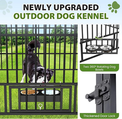 Rovibek Outside Dog Kenne with Roof, Outdoor Dog Kennel with 3 Sides Sun-Proof Cover,Large Dog Kennel Outdoor, Dog Run Enclosure with 2 Rotating Bowls for Large Dogs