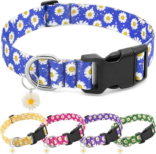 BiPawTi Cute Dog Collars with Flower Floral - Small Dog Collars for Puppies, Soft Dogs Collar for Girl Boy Female Dogs Pet with Pretty Daisies Charms (S, Blue)